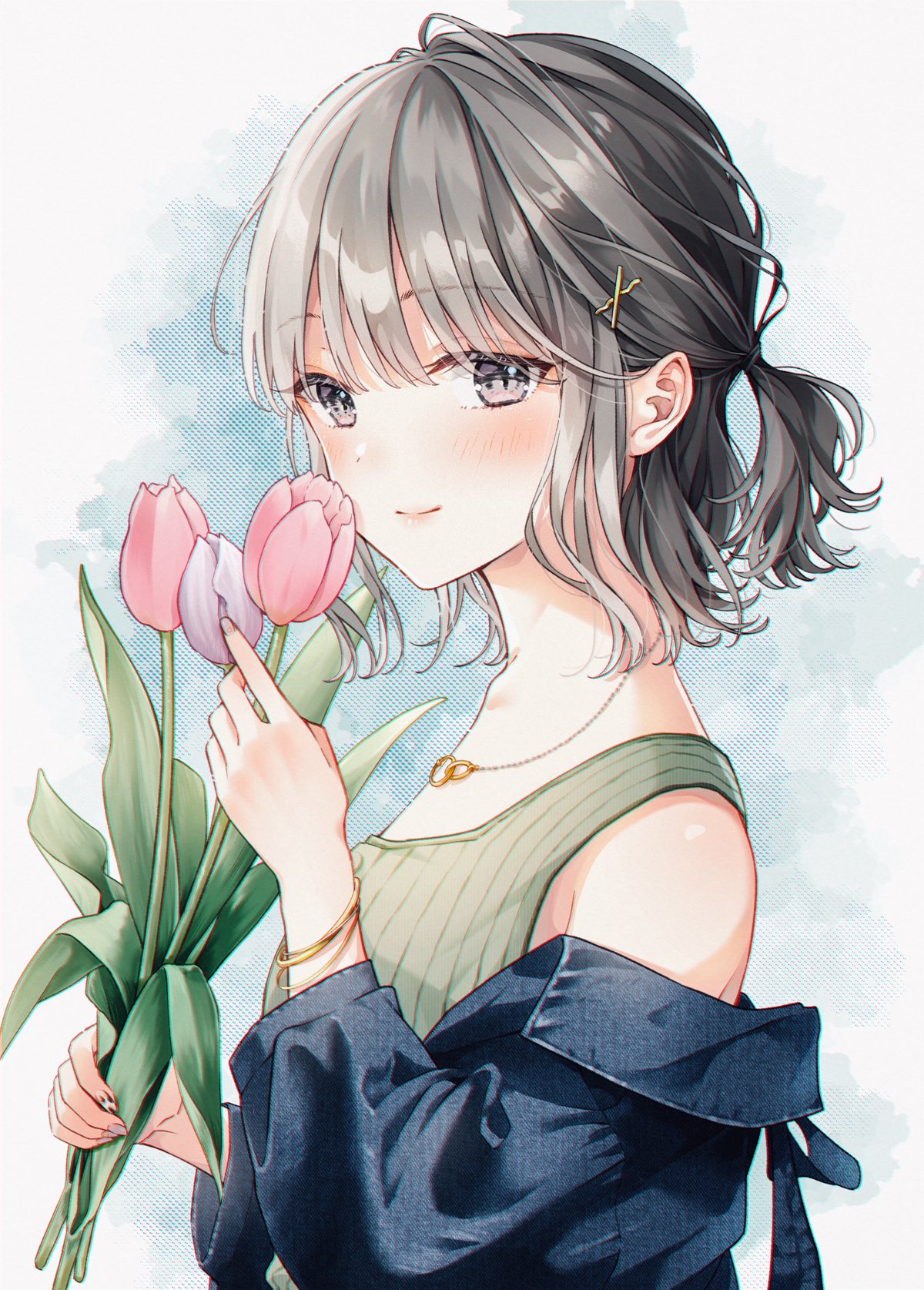 1girl aoi_yuki bangs bare_shoulders blue_jacket blush bracelet camisole closed_mouth flower green_camisole grey_eyes grey_hair hair_ornament hand_up highres holding holding_flower jacket jewelry long_sleeves looking_at_viewer necklace original pink_flower ponytail short_hair sleeveless smile solo tied_hair tulip