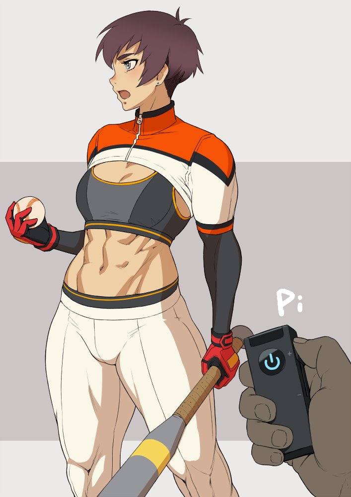 1girl abs baseball baseball_bat baseball_uniform brown_hair controller ear_piercing gloves midriff mikoyan muscular muscular_female open_mouth original pants piercing pov remote_control short_hair solo sports_bra sportswear thick_eyebrows very_short_hair