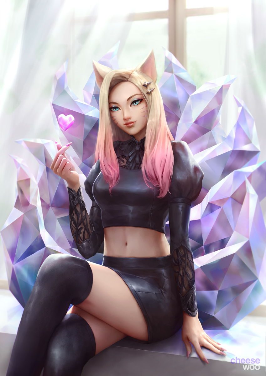 1girl ahri animal_ears artist_name blonde_hair blue_eyes breasts cheesewoo closed_mouth colored_tips crop_top crossed_legs crystal_tail curtains eyeshadow facial_hair facial_mark fingernails fox_ears hair_ornament hairclip heart highres k/da_(league_of_legends) league_of_legends lips long_fingernails long_hair long_sleeves looking_at_viewer makeup midriff miniskirt multicolored_hair multiple_tails navel pink_hair pink_nails sitting skirt snapping_fingers solo straight_hair tail the_baddest_ahri thigh-highs two-tone_hair vastaya whisker_markings window zettai_ryouiki