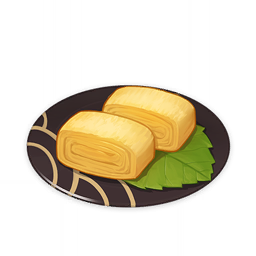 artist_request commentary english_commentary food food_focus genshin_impact leaf lowres no_humans official_art omelet plate still_life tamagoyaki third-party_source transparent_background