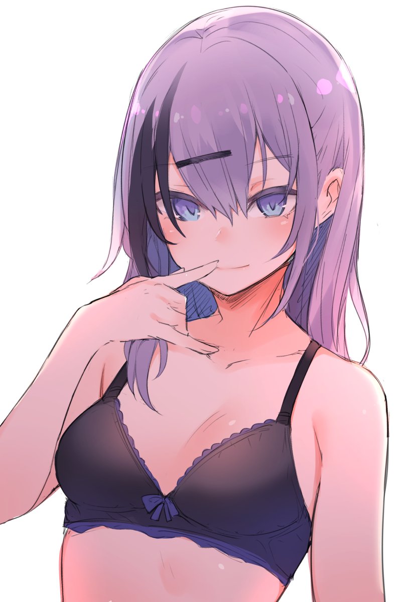 1girl bangs bare_shoulders black_bra black_hair blush bra breasts closed_mouth collarbone commentary_request eyebrows_visible_through_hair finger_to_mouth hair_between_eyes hair_ornament hairclip highres kinukawa_chinatsu long_hair looking_at_viewer multicolored_hair original otokuyou purple_hair simple_background smile solo two-tone_hair underwear upper_body white_background