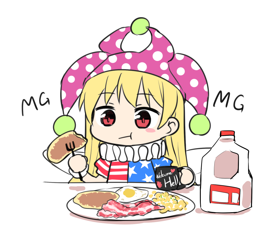 1girl :t american_flag_dress bacon bangs blonde_hair blush_stickers breakfast chibi closed_mouth clownpiece cup eating eyebrows_visible_through_hair fairy_wings food fork hat holding holding_cup holding_fork jester_cap jug long_hair mg_mg milk neck_ruff nibi plate polka_dot purple_headwear red_eyes short_sleeves simple_background solo star_(symbol) star_print sunny_side_up_egg table touhou upper_body white_background wings