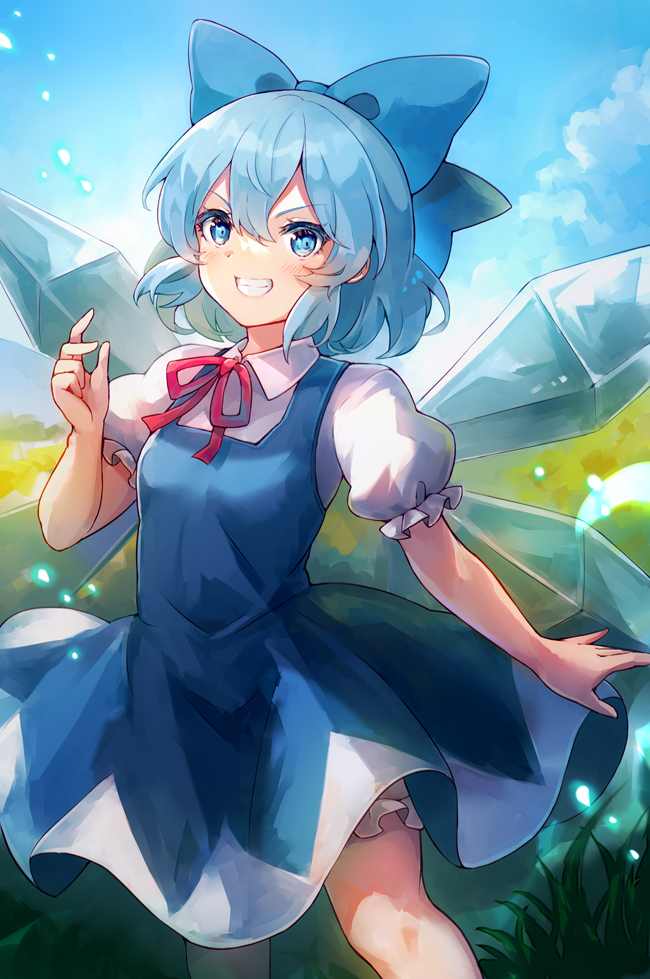 1girl 60mai bangs bloomers blue_bow blue_dress blue_eyes blue_hair blue_sky bow cirno cowboy_shot dress grin hair_bow ice ice_wings looking_at_viewer neck_ribbon outdoors pinafore_dress puffy_short_sleeves puffy_sleeves red_neckwear red_ribbon ribbon shirt short_hair short_sleeves sky smile solo standing touhou underwear v-shaped_eyebrows white_shirt wings