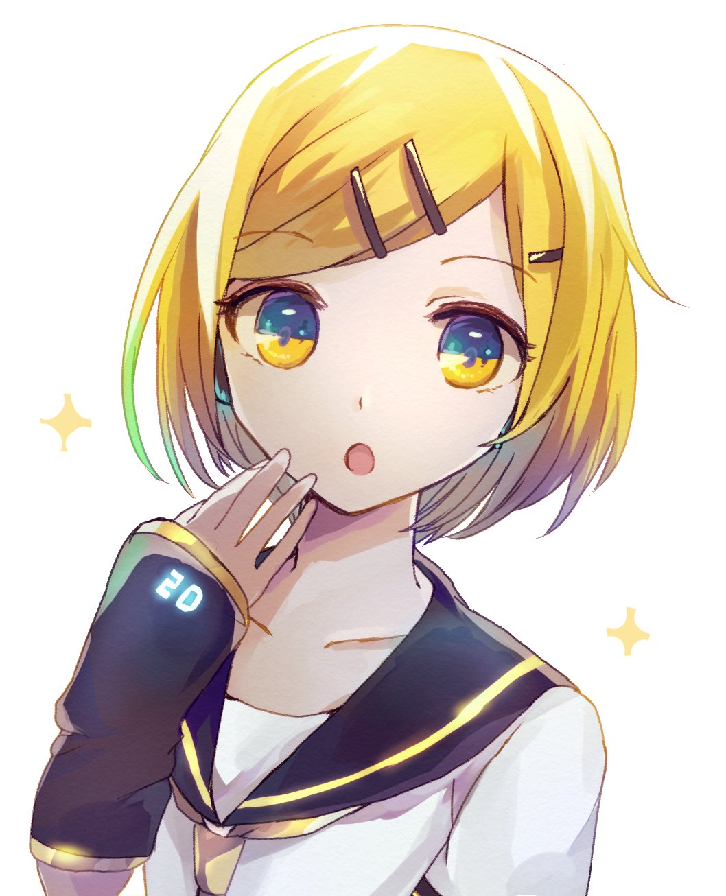 1boy :o androgynous arm_warmers bangs black_collar blonde_hair bloom collar collarbone commentary hair_ornament hairclip hand_on_own_chin highres kagamine_len kagamine_len_(if) looking_at_viewer male_focus necktie sailor_collar school_uniform shirt solo sparkle swept_bangs upper_body vocaloid wakolenrin white_background white_shirt yellow_eyes yellow_neckwear