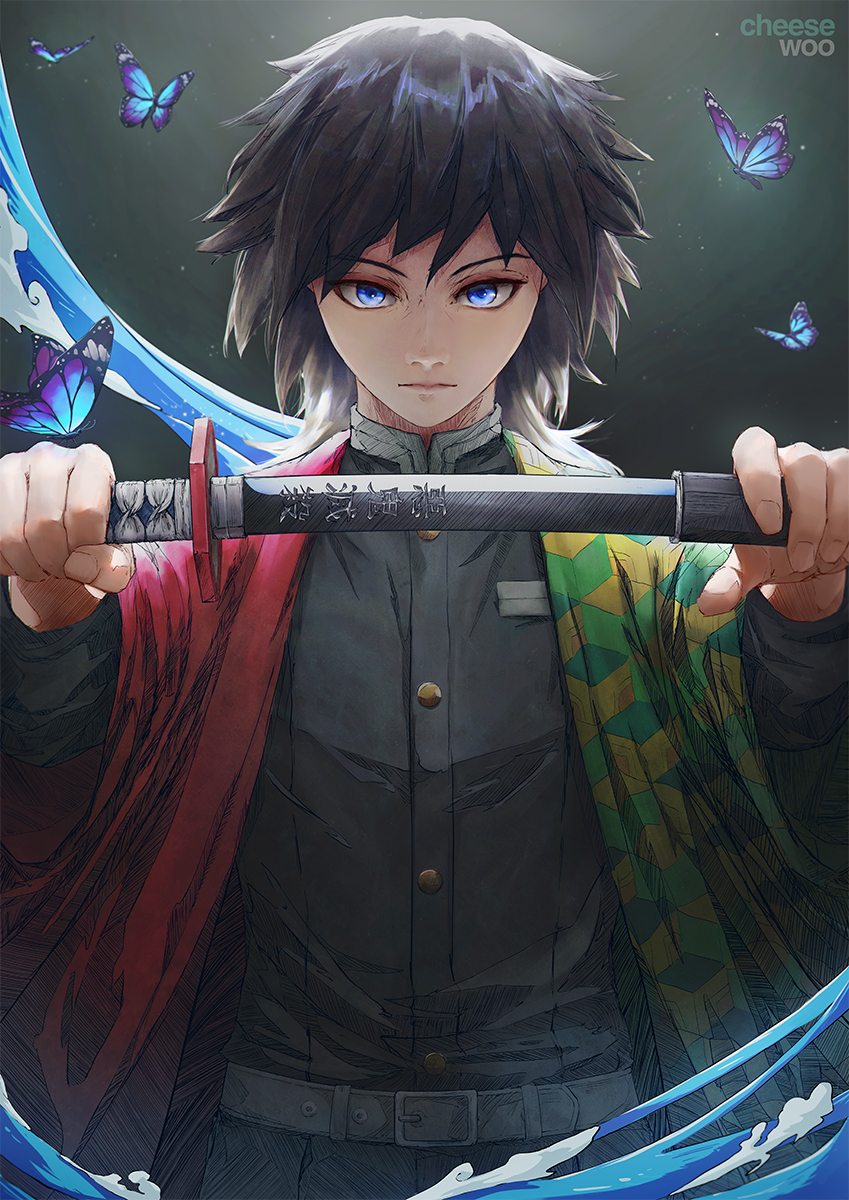 1boy bangs belt belt_buckle black_hair black_pants black_shirt blue_butterfly blue_eyes buckle bug butterfly cheesewoo closed_mouth expressionless gakuran haori highres holding holding_sword holding_weapon insect jacket japanese_clothes katana kimetsu_no_yaiba long_hair looking_at_viewer male_focus multicolored multicolored_clothes multicolored_jacket pants scabbard school_uniform sheath shirt solo sword tomioka_giyuu unsheathing upper_body water weapon