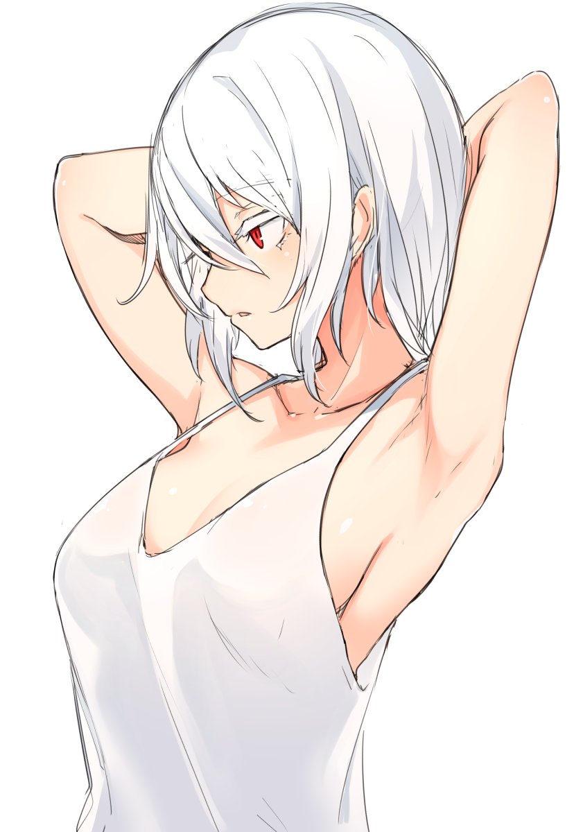 1girl armpits arms_up bangs bare_arms bare_shoulders breasts character_request collarbone from_side highres medium_breasts medium_hair no_bra original otokuyou parted_lips red_eyes shiny shiny_skin simple_background solo tank_top upper_body white_background white_tank_top