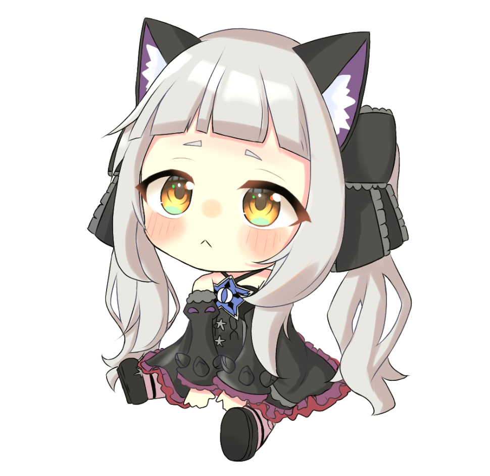 1girl animal_ears bangs black_dress blunt_bangs blush_stickers cat_ears chibi detached_sleeves dress frilled_ribbon frills gothic_lolita hair_ribbon hololive lolita_fashion long_hair murasaki_shion ribbon short_eyebrows sidelocks silver_hair sitting sleeveless sleeveless_dress solo star_(symbol) tamu_(pixiv_51609080) twintails virtual_youtuber yellow_eyes