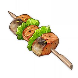 artist_request commentary english_commentary fish food food_focus genshin_impact lettuce lowres mondstadt_grilled_fish_(genshin_impact) no_humans official_art pepper skewer still_life third-party_source transparent_background