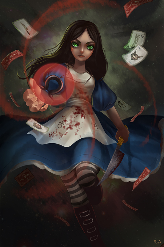 1girl alice:_madness_returns alice_(alice_in_wonderland) american_mcgee's_alice apron aurora_rokudo black_hair blood boots breasts card closed_mouth dress english_commentary green_eyes jewelry jupiter_symbol knife long_hair looking_at_viewer necklace official_style pantyhose puffy_sleeves solo striped striped_legwear