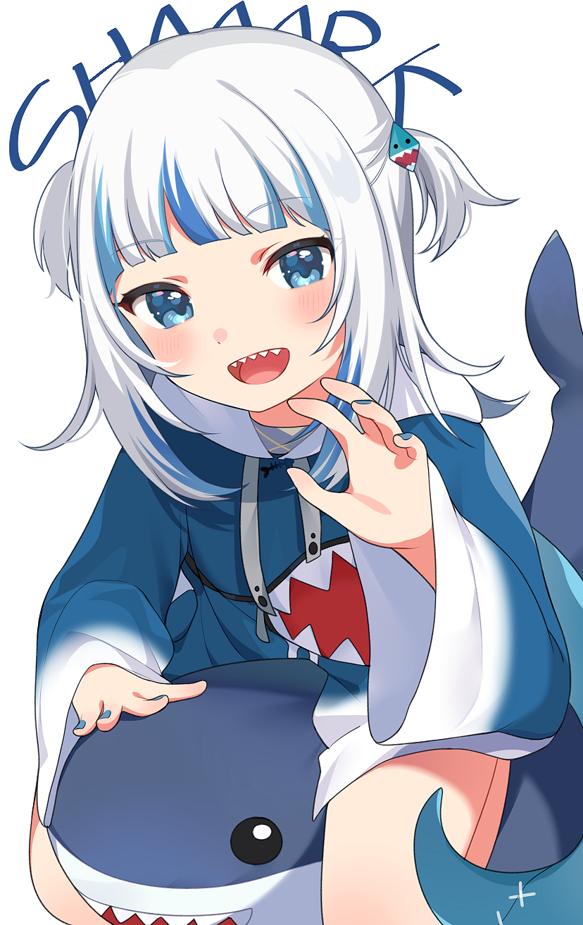1girl :d bangs blue_hair blue_hoodie blue_nails blunt_bangs blush eyebrows_visible_through_hair fingernails fish_tail gawr_gura hand_up highres hololive hololive_english hood hoodie inuyama_nanami looking_at_viewer medium_hair multicolored_hair nail_polish open_mouth shark_tail simple_background smile solo straddling streaked_hair stuffed_animal stuffed_shark stuffed_toy tail two_side_up upper_teeth virtual_youtuber white_background white_hair
