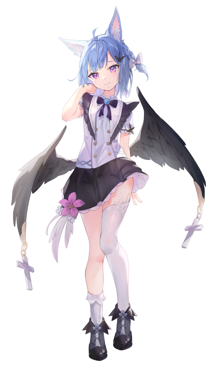 1girl ahoge animal_ear_fluff animal_ears arm_behind_back bangs black_bow black_footwear black_skirt black_wings blue_hair bow braid buttons closed_mouth commentary cross detached_collar double-breasted eyebrows_visible_through_hair feathered_wings flower full_body hair_bow hair_ornament hand_up head_tilt highres looking_at_viewer low_wings medium_hair miniskirt mishuo_(misuo69421) one_side_up original pink_flower shirt shoes short_sleeves simple_background single_braid single_sock single_thighhigh skirt smile socks solo standing symbol_commentary thigh-highs violet_eyes white_background white_bow white_legwear white_shirt wings