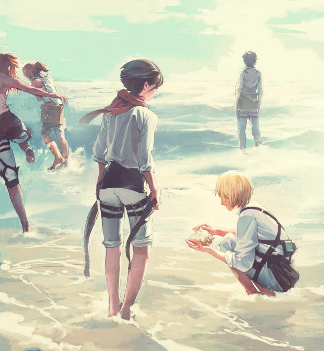 armin_arlert bare_shoulders beach black_hair blonde_hair butter_squid character_request eren_yeager from_behind high_ponytail mikasa_ackerman ocean pants pants_rolled_up paradis_military_uniform partially_submerged red_scarf sand scarf seashell shell shingeki_no_kyojin shirt shore short_hair sky sleeves_rolled_up squatting water waves white_shirt