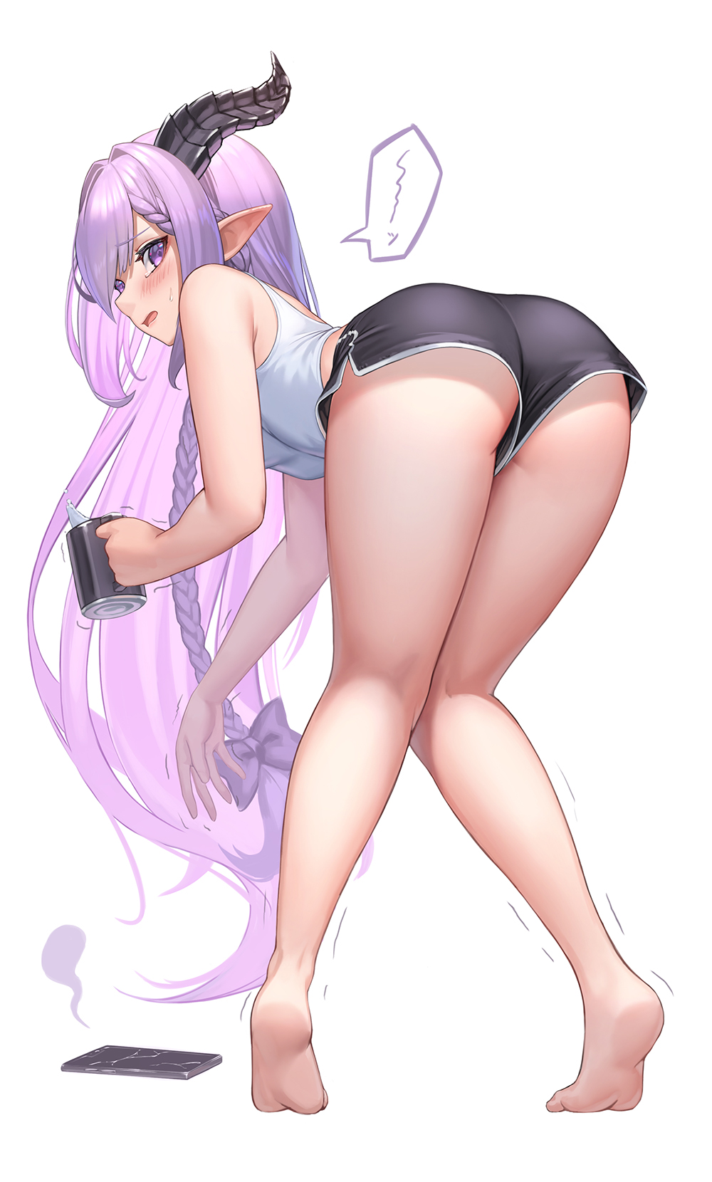 1girl ass bare_legs barefoot bent_over black_shorts blush bow braid breasts broken cellphone cup dolphin_shorts from_behind full_body giving_up_the_ghost hair_bow highres holding holding_cup horns kneepits long_hair looking_at_viewer looking_back medium_breasts motion_lines mug open_mouth original phone pointy_ears purple_bow purple_hair short_shorts shorts side_braid sleeveless smartphone solo suraimu_(suraimuraimu) sweat tank_top tearing_up tears trembling very_long_hair violet_eyes