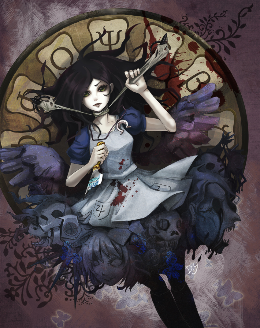 1girl alice:_madness_returns alice_(alice_in_wonderland) american_mcgee's_alice apron black_hair blood breasts dabby6633 dress green_eyes jewelry jupiter_symbol knife long_hair looking_at_viewer necklace puffy_sleeves short_sleeves solo