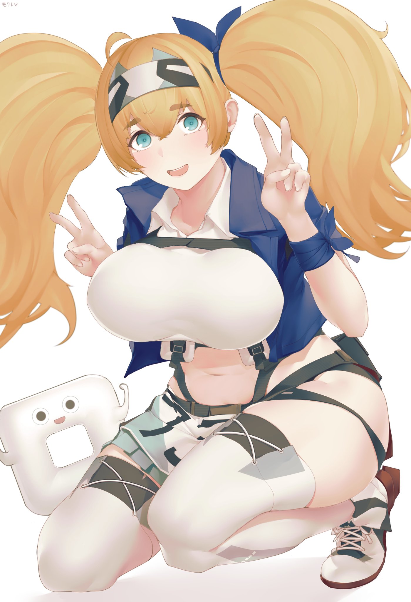 1girl armband belt blonde_hair blue_eyes breast_pocket breasts collared_shirt gambier_bay_(kancolle) hairband highres image_sample kantai_collection large_breasts mokuren_(mozukukirai88) open_mouth plump pocket remodel_(kantai_collection) shirt smile squatting thigh-highs twintails twitter_sample v white_background white_legwear