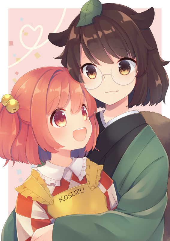 2girls animal_ears apron bangs bathrobe bell black_shirt border brown_eyes brown_hair character_name closed_mouth confetti dress eyebrows_visible_through_hair eyes_visible_through_hair futatsuiwa_mamizou glasses green_sleeves hair_between_eyes heart holding long_sleeves looking_at_another motoori_kosuzu multicolored multicolored_clothes multicolored_dress multicolored_eyes multiple_girls open_mouth orange_dress orange_hair orange_sleeves pink_background plaid plaid_dress raccoon_ears raccoon_tail red_eyes sen1986 shirt short_hair short_twintails smile tail touhou twintails white_border yellow_apron yellow_dress yellow_eyes yellow_sleeves yuri