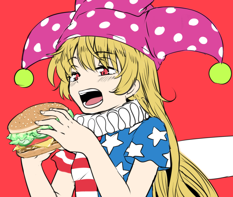 1girl american_flag_dress bangs blonde_hair blush burger clownpiece eyebrows_visible_through_hair food hair_between_eyes hat holding holding_food jester_cap long_hair lower_teeth nibi open_mouth polka_dot_headwear red_background red_eyes short_sleeves simple_background solo touhou upper_body upper_teeth white_wings wings