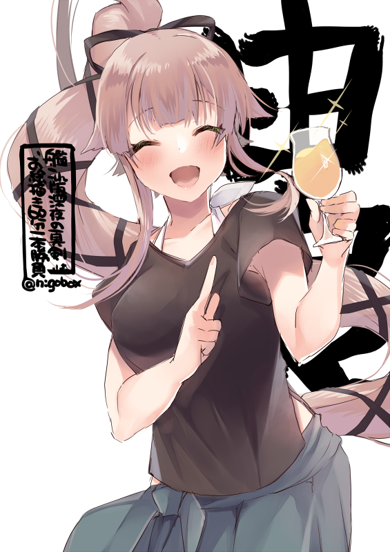 1girl bangs bikini bikini_under_clothes black_ribbon blue_skirt blush breasts cup eyebrows_visible_through_hair grey_hair hair_flaps hair_ribbon holding holding_cup index_finger_raised kantai_collection long_hair medium_breasts nigo official_alternate_costume one-hour_drawing_challenge open_mouth ribbon shirt short_sleeves sidelocks simple_background skirt solo sparkle swimsuit twitter_username white_background white_bikini yura_(kancolle)