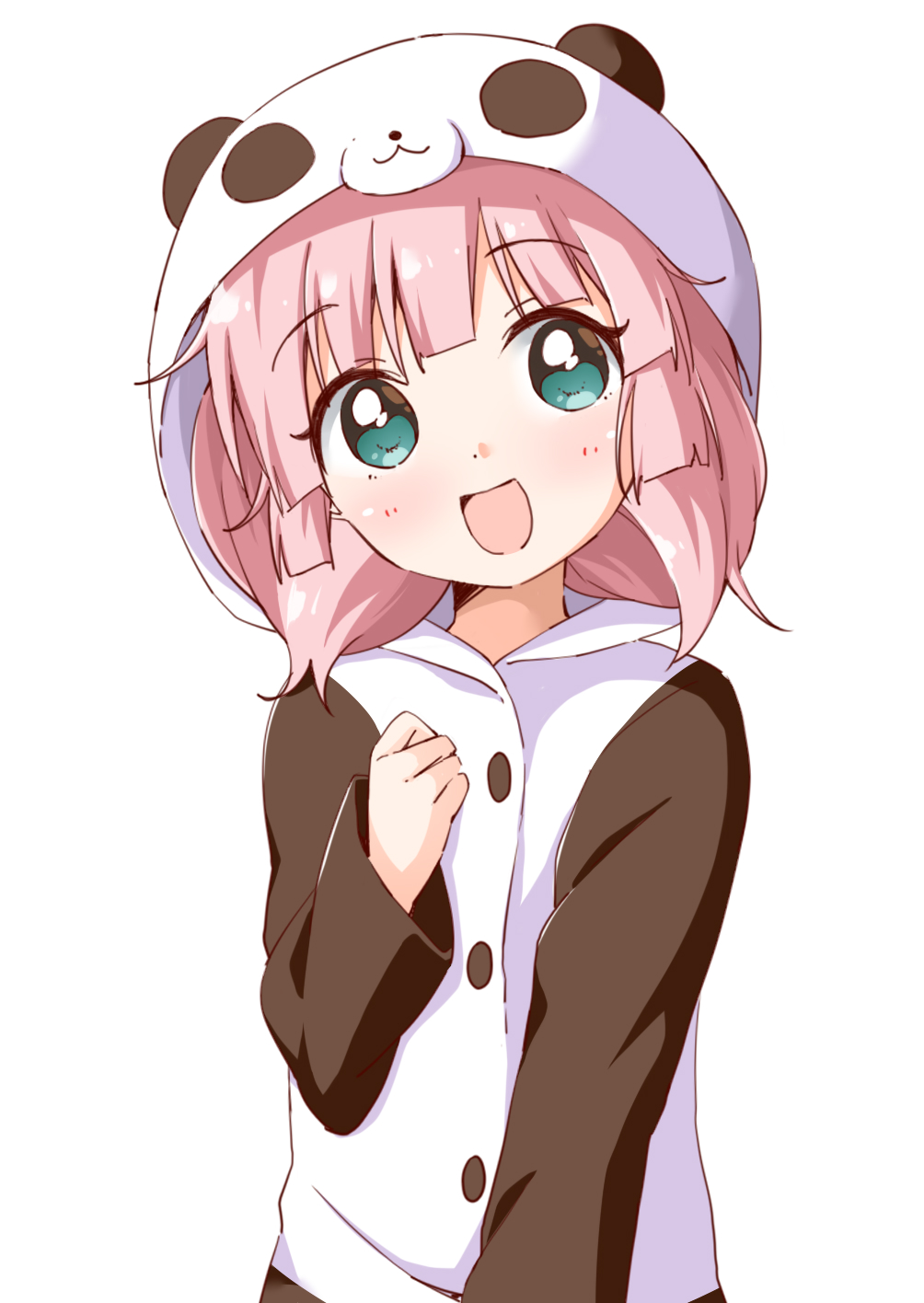 1girl animal_costume animal_hood blush eyebrows_visible_through_hair green_eyes haru_(konomi_150) highres hood looking_at_viewer open_mouth pajamas panda_costume panda_hood pink_hair shiny shiny_hair short_hair simple_background smile solo upper_body white_background yoshikawa_chinatsu yuru_yuri