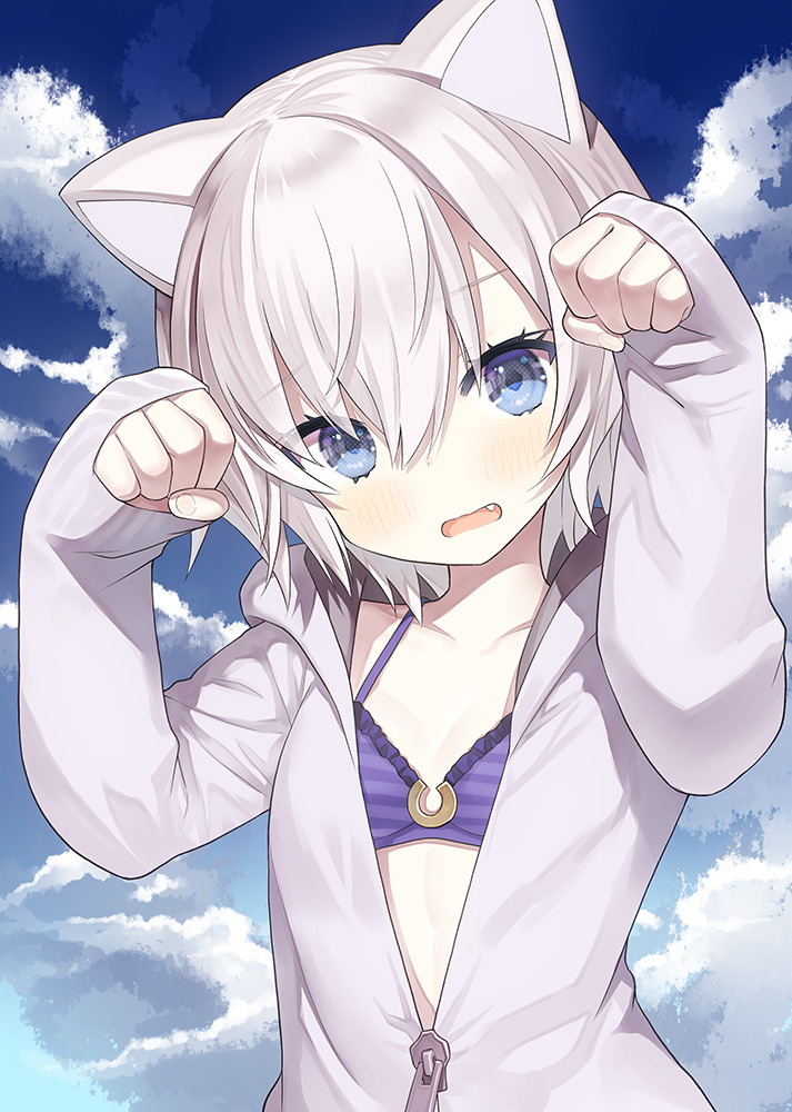 1girl animal_ears arms_up bangs bikini bikini_under_clothes blue_eyes blue_sky blush breasts capriccio cat_ears clouds cloudy_sky commentary_request day eyebrows_visible_through_hair fang frilled_bikini frills hair_between_eyes hood hood_down hooded_jacket jacket kapu_rinko long_sleeves looking_at_viewer open_mouth original outdoors paw_pose purple_bikini sky sleeves_past_wrists small_breasts solo striped striped_bikini swimsuit upper_body wavy_mouth white_hair white_jacket
