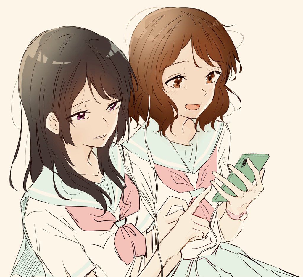 2girls bangs black_hair blue_sailor_collar blue_skirt brown_eyes brown_hair earphones earphones hand_up hibike!_euphonium holding holding_phone index_finger_raised kitauji_high_school_uniform kousaka_reina long_hair medium_hair miyama09215 multiple_girls neckerchief open_mouth oumae_kumiko parted_lips phone pink_neckwear pleated_skirt sailor_collar school_uniform serafuku shirt short_sleeves simple_background skirt smile violet_eyes watch white_background white_shirt