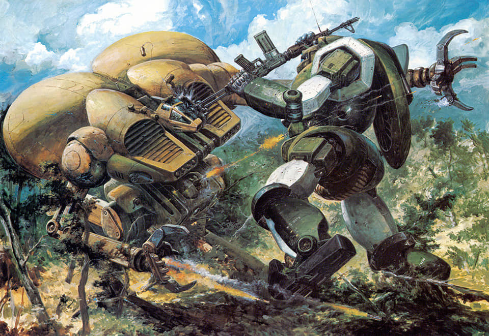 1980s_(style) assault_rifle battle broken_glass claws clouds cloudy_sky condensation_trail damaged debris dirty explosion firing forest glass gun hitting machine_gun machinery nature official_art production_art promotional_art realistic retro_artstyle rifle rock science_fiction sentou_mecha_xabungle sky tracer_fire traditional_media tree turret walker walker_gallia weapon