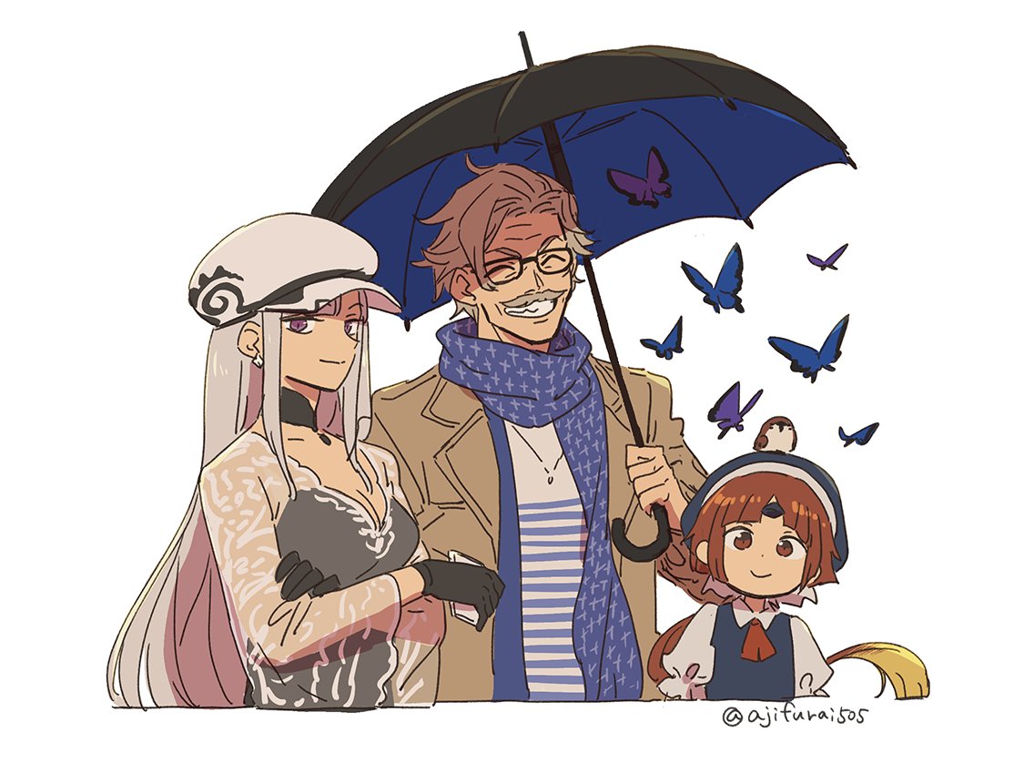 1boy 2girls ^_^ animal_on_head asaya_minoru benienma_(fate) bird black-framed_eyewear black_dress black_gloves black_umbrella blue_scarf brown_coat brown_hair bug butterfly cabbie_hat carmilla_(fate) cellphone closed_eyes closed_mouth coat cropped_torso dress facial_hair fate/grand_order fate_(series) glasses gloves grey_hair grin hat holding holding_phone holding_umbrella insect james_moriarty_(fate) long_hair low_ponytail multiple_girls mustache on_head open_clothes open_coat phone ponytail puffy_short_sleeves puffy_sleeves scarf see-through see-through_sleeves shirt short_sleeves simple_background sleeveless sleeveless_dress smile striped striped_shirt twitter_username umbrella upper_body very_long_hair violet_eyes white_background white_headwear white_shirt wide_sleeves