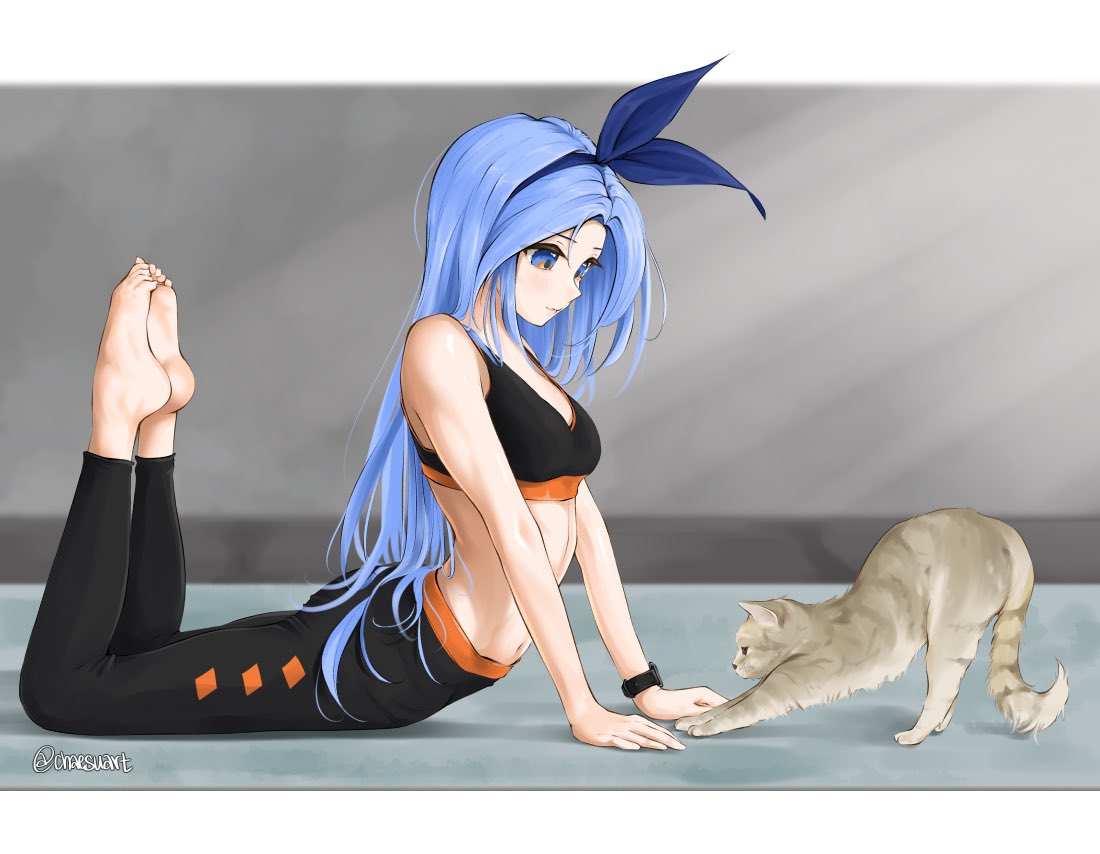 1girl barefoot black_pants blue_eyes blue_hair blue_ribbon breasts cat chaesu crop_top from_side hair_ribbon indoors leggings long_hair midriff minah_(chaesu) original pants ribbon small_breasts solo sports_bra very_long_hair