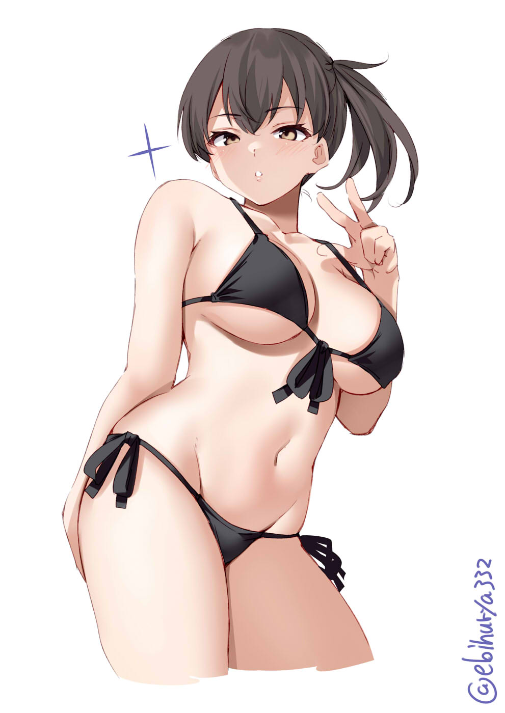 1girl bikini black_bikini blush breasts brown_eyes brown_hair ebifurya eyebrows_visible_through_hair highres kaga_(kancolle) kantai_collection large_breasts looking_at_viewer navel parted_lips short_hair side-tie_bikini side_ponytail simple_background solo swimsuit twitter_username w white_background