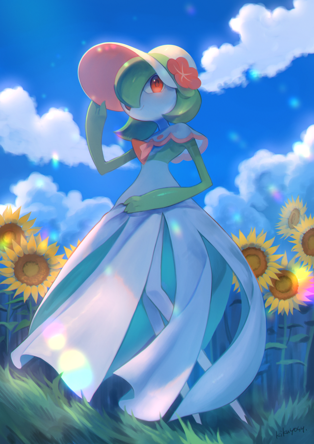 bonnet capelet closed_mouth clouds colored_skin commentary_request day flower from_below gardevoir gen_3_pokemon grass hand_on_headwear hand_up highres kikuyoshi_(tracco) looking_at_viewer orange_eyes orange_flower outdoors pokemon pokemon_unite signature sky smile standing sunflower white_skin