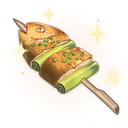 artist_request commentary english_commentary fang fish food_focus genshin_impact lowres no_humans official_art open_mouth shiny skewer sparkle spring_onion still_life third-party_source transparent_background x_x