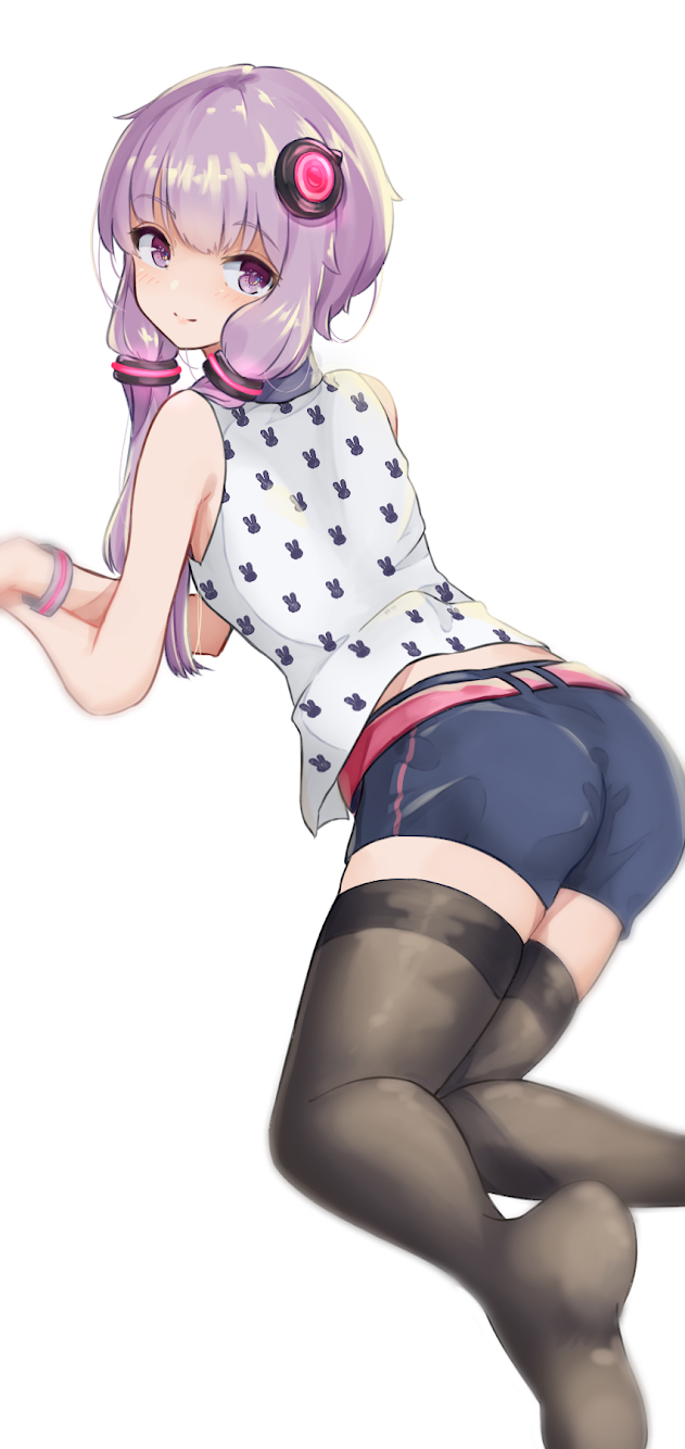 1girl animal_print ass bare_arms bare_shoulders black_legwear blue_shorts bunny_print closed_mouth commentary_request feet_out_of_frame highres long_hair looking_at_viewer looking_back no_shoes print_shirt purple_hair shirt short_shorts shorts simple_background sleeveless sleeveless_shirt smile soles solo thigh-highs violet_eyes vocaloid voiceroid white_background white_shirt yusake_san yuzuki_yukari