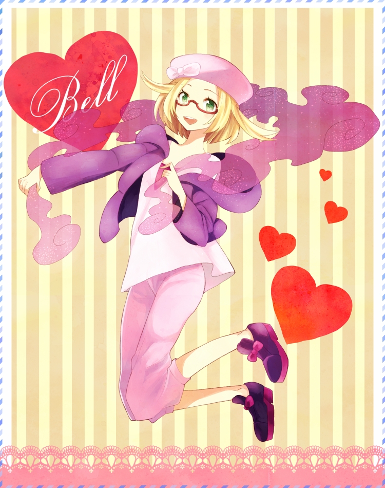 1girl alternate_color bad_id bad_pixiv_id bianca_(pokemon) blonde_hair character_name full_body glasses green_eyes heart open_mouth pants pink_headwear pokemon pokemon_(game) pokemon_bw2 purple_footwear red-framed_eyewear smile solo striped striped_background yamada_(kamett)