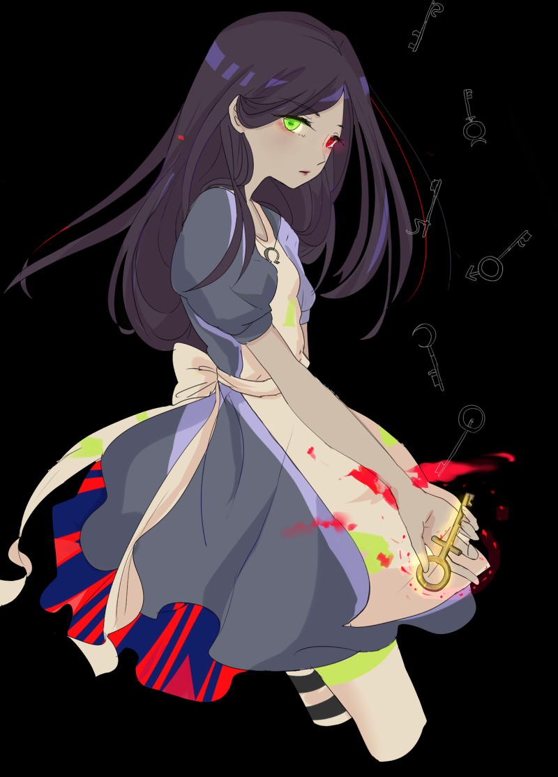 1girl alice:_madness_returns alice_(alice_in_wonderland) american_mcgee's_alice apron asymmetrical_legwear black_hair breasts dress green_eyes jewelry jupiter_symbol key long_hair looking_at_viewer necklace pantyhose puffy_sleeves simple_background solo striped striped_legwear wan00524