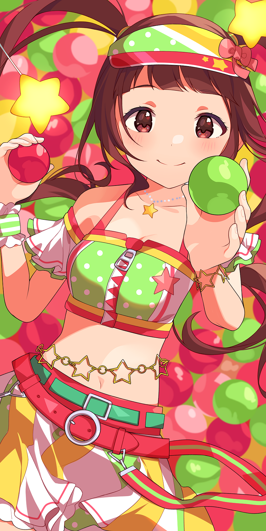 1girl ball belt blush bow brown_eyes brown_hair closed_mouth cowboy_shot dot_nose dutch_angle hair_bow hand_up highres holding holding_ball idolmaster idolmaster_million_live! idolmaster_million_live!_theater_days inuyama_nanami long_hair looking_at_viewer matsuda_arisa midriff multicolored multicolored_background navel red_belt red_bow skirt smile solo standing star_(symbol) strapless tubetop twintails visor_cap wristband zipper_pull_tab