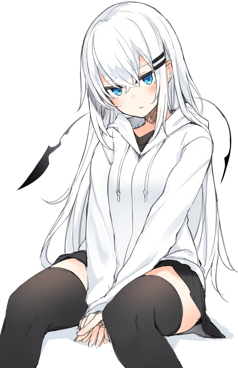 1girl bangs black_legwear black_shirt black_skirt blue_eyes blush closed_mouth commentary_request feet_out_of_frame hair_ornament hairclip highres hood hoodie long_hair long_sleeves looking_at_viewer open_mouth original otokuyou pleated_skirt ringo-chan_(otokuyou) shirt simple_background sitting skirt solo thigh-highs white_background white_hair white_hoodie zettai_ryouiki