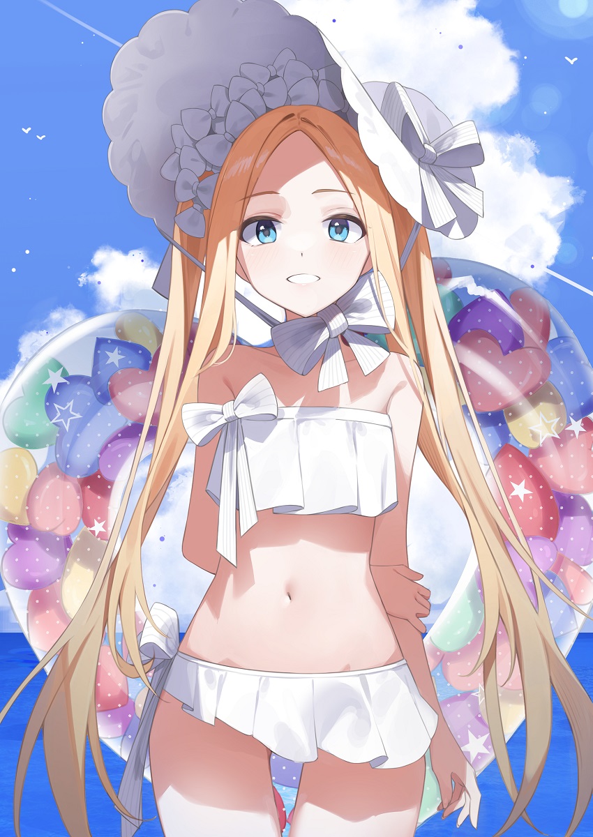 1girl abigail_williams_(fate) abigail_williams_(swimsuit_foreigner)_(fate) bangs bare_shoulders beach bikini blonde_hair blue_eyes blue_sky blush bonnet bow breasts fate/grand_order fate_(series) forehead grin hair_bow highres innertube kimi_(jxrm5387) long_hair looking_at_viewer miniskirt navel ocean parted_bangs sidelocks skirt sky small_breasts smile solo swimsuit twintails very_long_hair white_bikini white_bow white_headwear