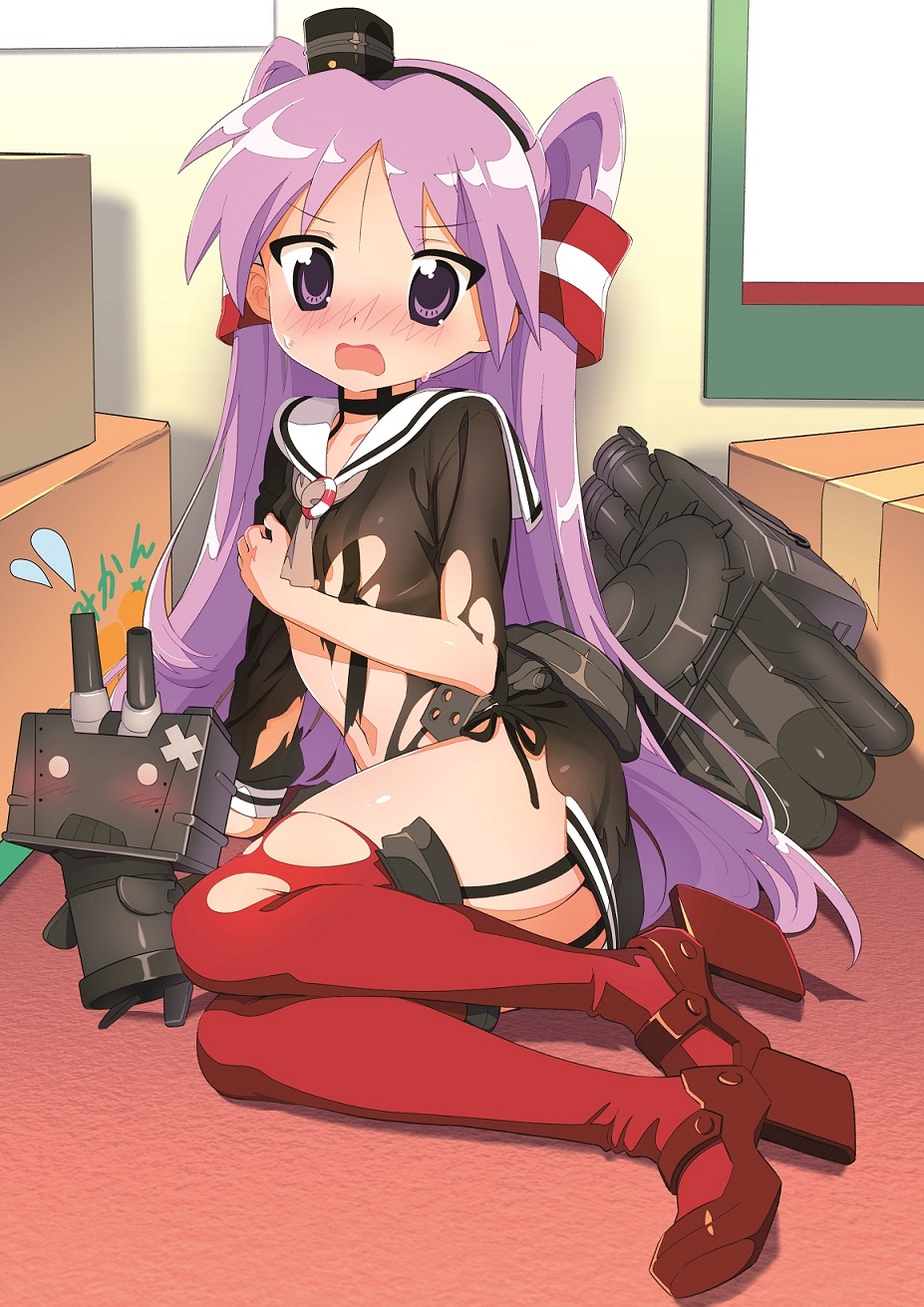 1girl alternate_hairstyle amatsukaze_(kancolle) amatsukaze_(kancolle)_(cosplay) arm_support bangs black_dress black_hairband blush box cardboard_box commentary_request cosplay crossover crying crying_with_eyes_open dress embarrassed eyebrows_visible_through_hair flying_sweatdrops full_body garter_straps grey_neckwear hair_tubes hairband hat highres hiiragi_kagami hotaru_iori ichimi_renge indoors kantai_collection lifebuoy_ornament linea_alba long_hair long_sleeves looking_at_viewer lucky_star mini_hat navel neckerchief on_floor open_mouth purple_hair red_legwear rensouhou-kun rigging rudder_footwear sailor_collar sailor_dress second-party_source shiny shiny_hair short_dress sitting star_(symbol) tears thigh-highs torn_clothes torn_dress torn_legwear two_side_up very_long_hair violet_eyes white_sailor_collar windsock
