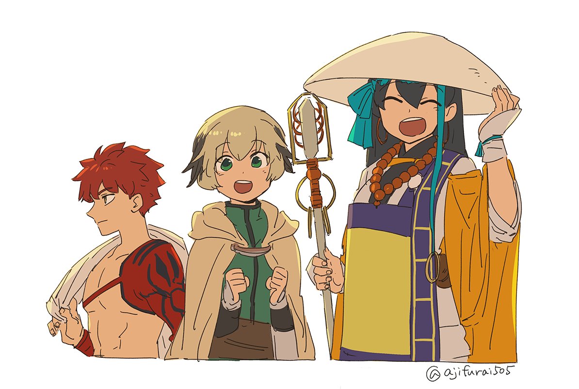 1boy 2girls :d ^_^ asaya_minoru bangs bead_necklace beads black_hair brown_cloak brown_eyes brown_hair brown_headwear cloak closed_eyes closed_mouth cropped_torso emiya_shirou eyebrows_visible_through_hair facing_viewer fate/grand_order fate_(series) gareth_(fate) green_eyes green_shirt hair_between_eyes hand_on_headwear hand_up hood hood_down hooded_cloak igote japanese_clothes jewelry kimono light_brown_hair long_hair looking_at_viewer multicolored_hair multiple_girls necklace open_mouth profile senji_muramasa_(fate) shirt simple_background smile twitter_username two-tone_hair upper_body white_background white_kimono xuangzang_sanzang_(fate)