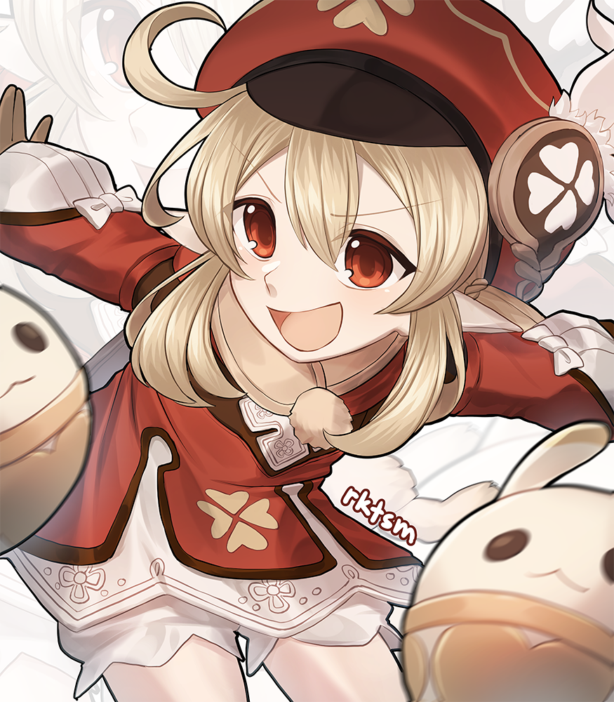 1girl :d ahoge artist_name bangs bent_over bloomers blurry brown_gloves brown_scarf cabbie_hat clover_print coat commentary_request depth_of_field dodoco_(genshin_impact) eyebrows_visible_through_hair genshin_impact gloves hair_between_eyes hat hat_feather hat_ornament jumpy_dumpty klee_(genshin_impact) light_brown_hair long_hair long_sleeves looking_at_viewer low_twintails open_mouth outstretched_arms pocket pointy_ears red_coat red_eyes red_headwear rktsm scarf sidelocks smile solo spread_arms twintails underwear v-shaped_eyebrows
