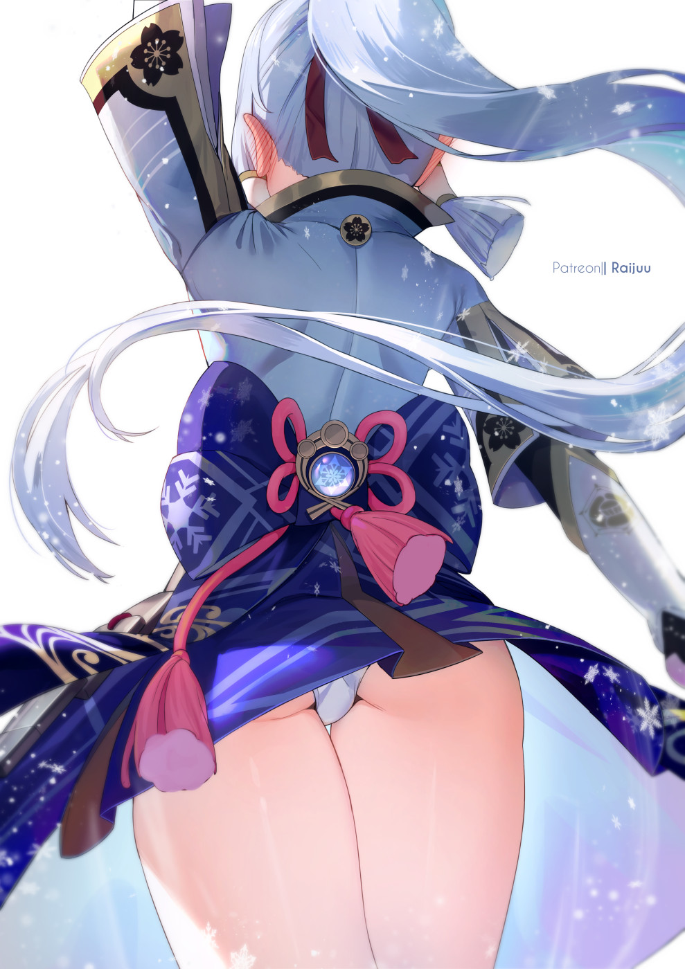 1girl arm_up ass blue_dress blue_hair cowboy_shot dress from_behind genshin_impact hair_ornament highres japanese_clothes kamisato_ayaka long_hair long_sleeves panties pantyshot patreon_username ponytail raijuu_(bakanara) solo thighs underwear vision_(genshin_impact) white_panties