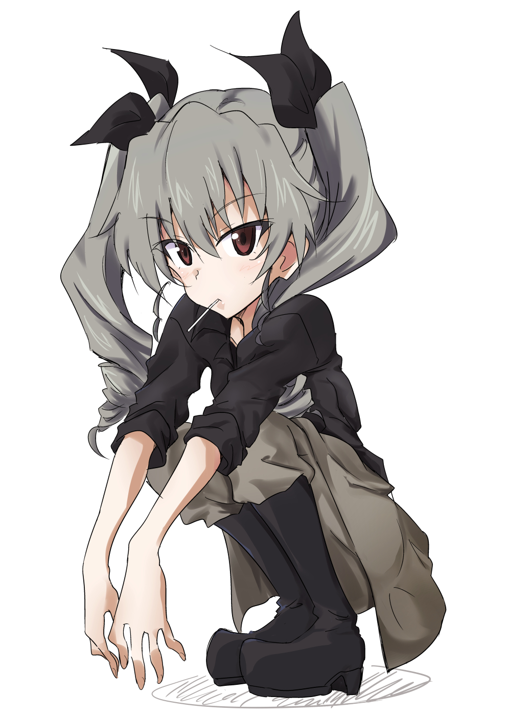 1girl anchovy_(girls_und_panzer) anzio_military_uniform bangs black_footwear black_ribbon boots brown_eyes clothes_around_waist collared_shirt commentary drill_hair eyebrows_visible_through_hair girls_und_panzer green_hair grey_pants hair_ribbon highres knee_boots long_hair looking_at_viewer mouth_hold necktie pants ribbon shino_(ten-m) shirt simple_background sleeves_rolled_up solo squatting twin_drills twintails white_background