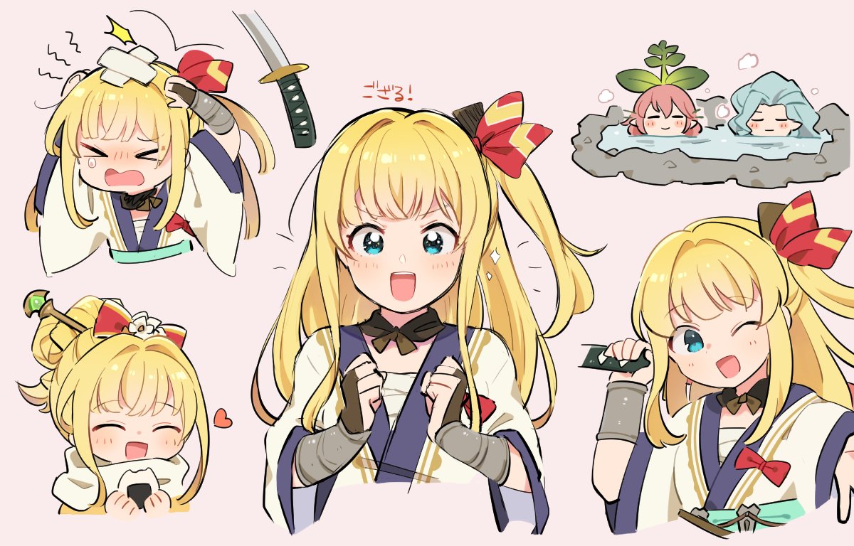 &gt;_&lt; 3girls bandaid blonde_hair bridal_gauntlets chibi choker closed_eyes eno_(preno_gb) food granblue_fantasy hair_ornament hairpin heart holding holding_sword holding_weapon injury japanese_clothes katana kimono long_hair looking_at_viewer mirin_(granblue_fantasy) multiple_girls multiple_views one_eye_closed onigiri open_mouth pink_background sarashi scarf side_ponytail sidelocks simple_background sword tears tiamat_(granblue_fantasy) upper_body vambraces weapon wide_sleeves yggdrasil_(granblue_fantasy)