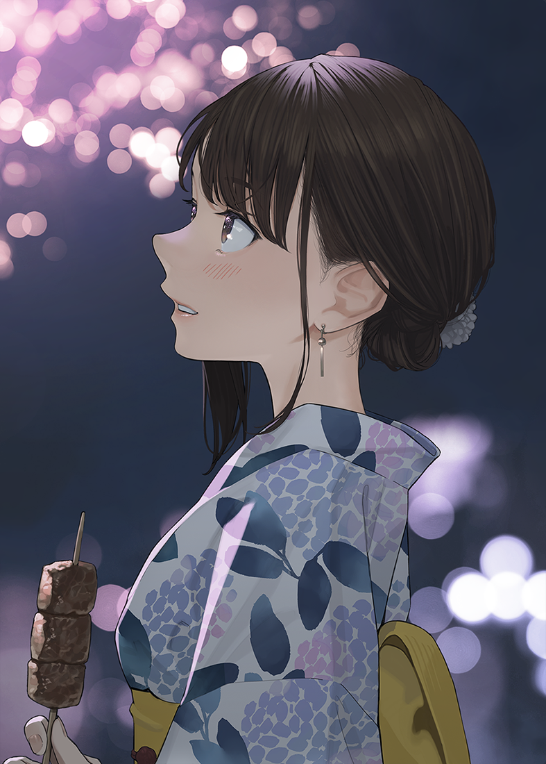 1girl blush brown_eyes brown_hair commentary_request douki-chan_(yomu_(sgt_epper)) earrings fingernails fireworks food ganbare_douki-chan hair_ornament japanese_clothes jewelry kebab kimono lips looking_to_the_side night night_sky obi parted_lips sash short_hair sky solo tied_hair yomu_(sgt_epper) yukata