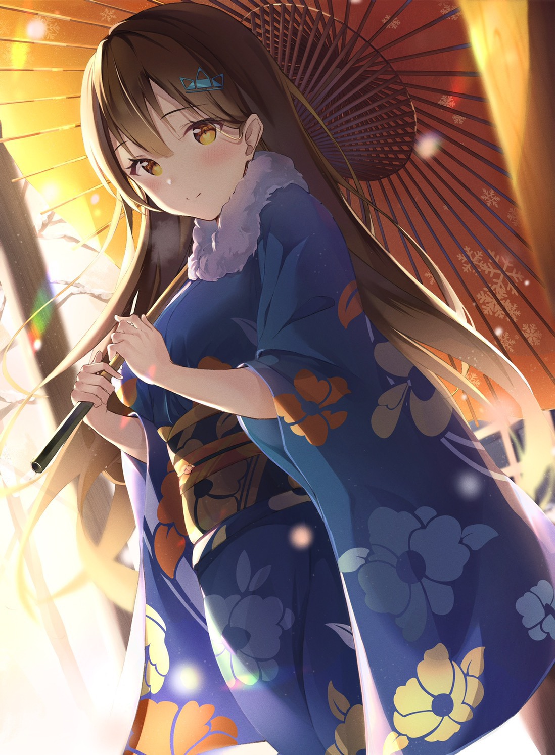 1girl blue_eyes blue_kimono blush brown_hair closed_mouth floral_print fur_scarf furisode hair_ornament hairclip highres holding holding_umbrella huion japanese_clothes kimono long_hair looking_at_viewer obi oil-paper_umbrella original parasol print_kimono sash smile solo straight_hair taracomax umbrella wide_sleeves