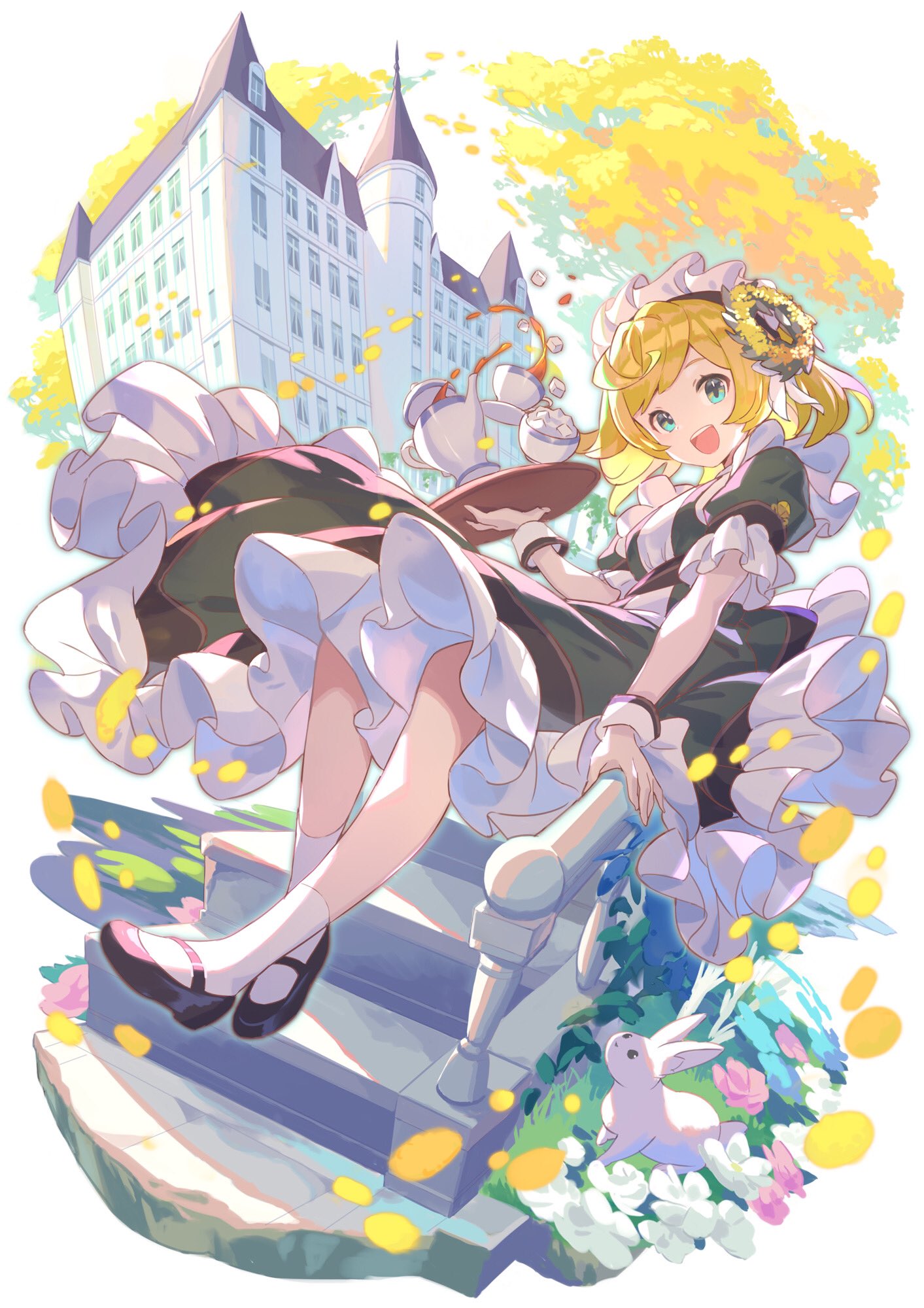 1girl :d ankle_socks apron bangs blonde_hair blue_eyes cup dress flower frills hair_flower hair_ornament highres long_dress looking_at_viewer maid maid_headdress mansion misossu open_mouth original puffy_sleeves rabbit short_hair short_sleeves smile solo spilling stairs sugar_bowl sugar_cube symbol_commentary teacup teapot tray waitress wrist_cuffs