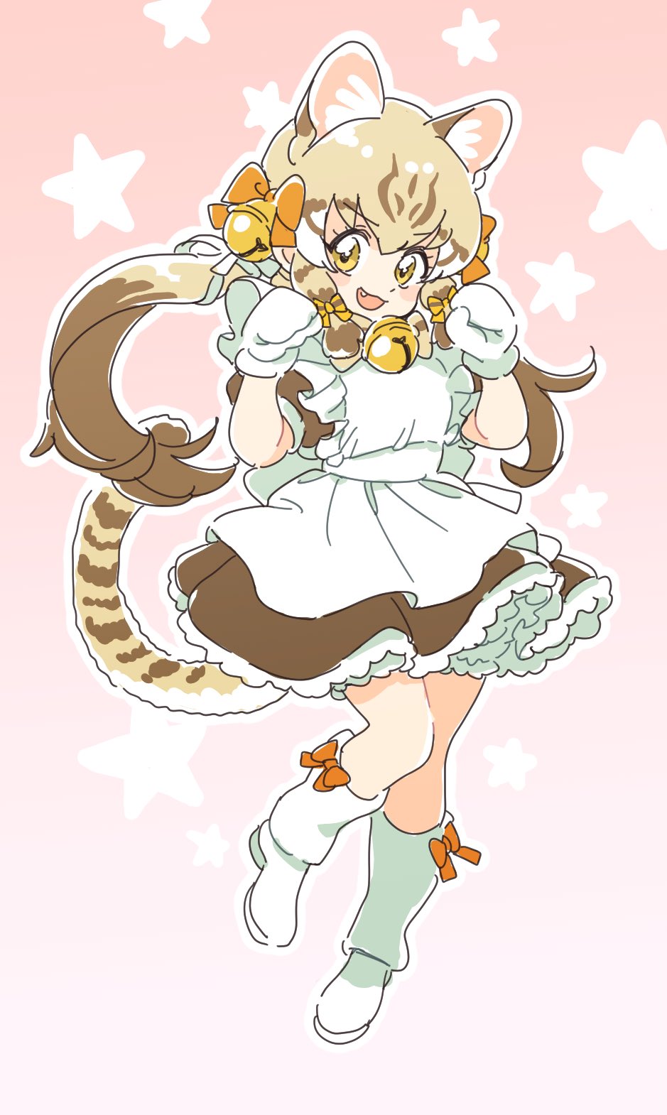 :3 alternate_costume animal_ears animal_print bell blonde_hair blush boots bow brown_dress brown_hair cat_ears cat_girl cat_print cat_tail commentary_request dress eyebrows_visible_through_hair fang footwear_bow frilled_dress frilled_sleeves frills geoffroy's_cat_(kemono_friends) hair_bell hair_bow hair_ornament highres kemono_friends knee_boots long_hair looking_at_viewer mitsumoto_jouji mittens multicolored_hair neck_bell open_mouth orange_bow paw_pose puffy_short_sleeves puffy_sleeves short_sleeves tail twintails white_dress white_footwear white_mittens yellow_eyes