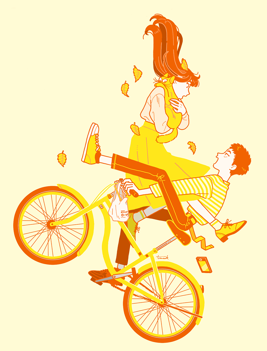 1boy 1girl bicycle black_pants brown_hair floating_hair ground_vehicle kk724 leaf long_sleeves open_mouth original pants phone profile shirt shirt_tucked_in shoes signature simple_background skirt striped striped_shirt white_shirt yellow_background yellow_cat yellow_footwear yellow_shirt yellow_skirt yellow_theme