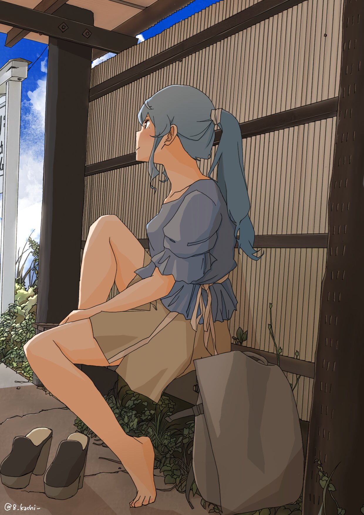 1girl bag barefoot blouse blue_blouse blue_sky clouds commentary_request fence full_body gotland_(kancolle) highres kachi_(kachi5100) kantai_collection long_hair long_skirt official_alternate_costume ponytail shoes_removed shopping_bag sitting skirt sky solo