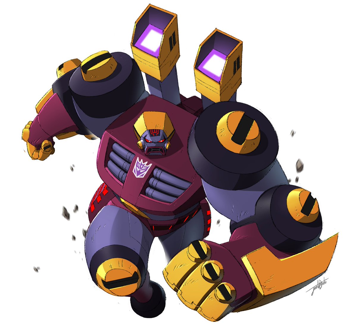 clenched_hands decepticon insignia jeetdoh looking_to_the_side mecha no_humans red_eyes science_fiction shoulder_cannon solo strika transformers transformers_animated white_background